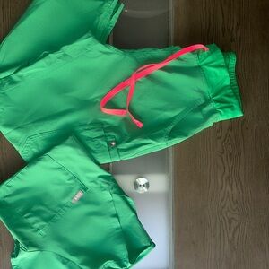 FIGS Green Scrub Set with Pink Accents